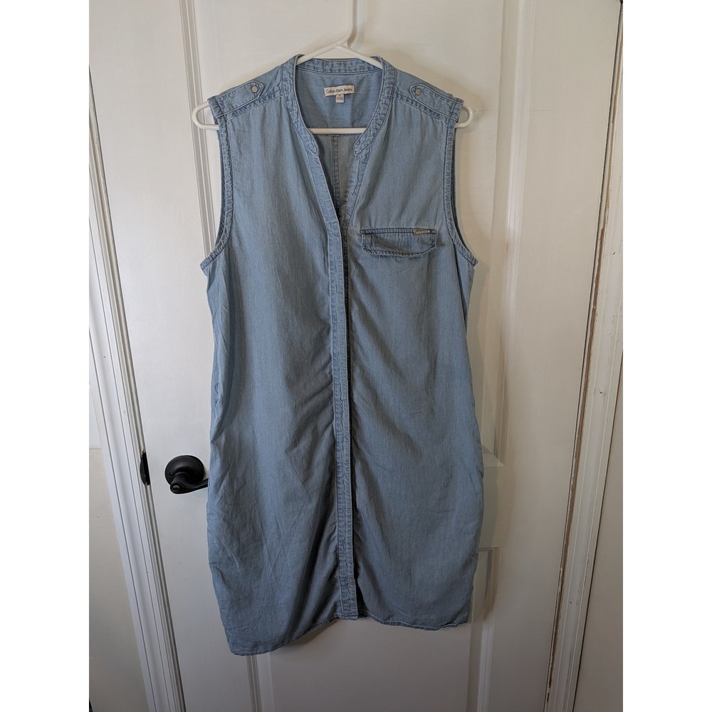 Calvin Klein Jeans Womens Light Wash Denim Sleeveless Shift Dress Medium Blue